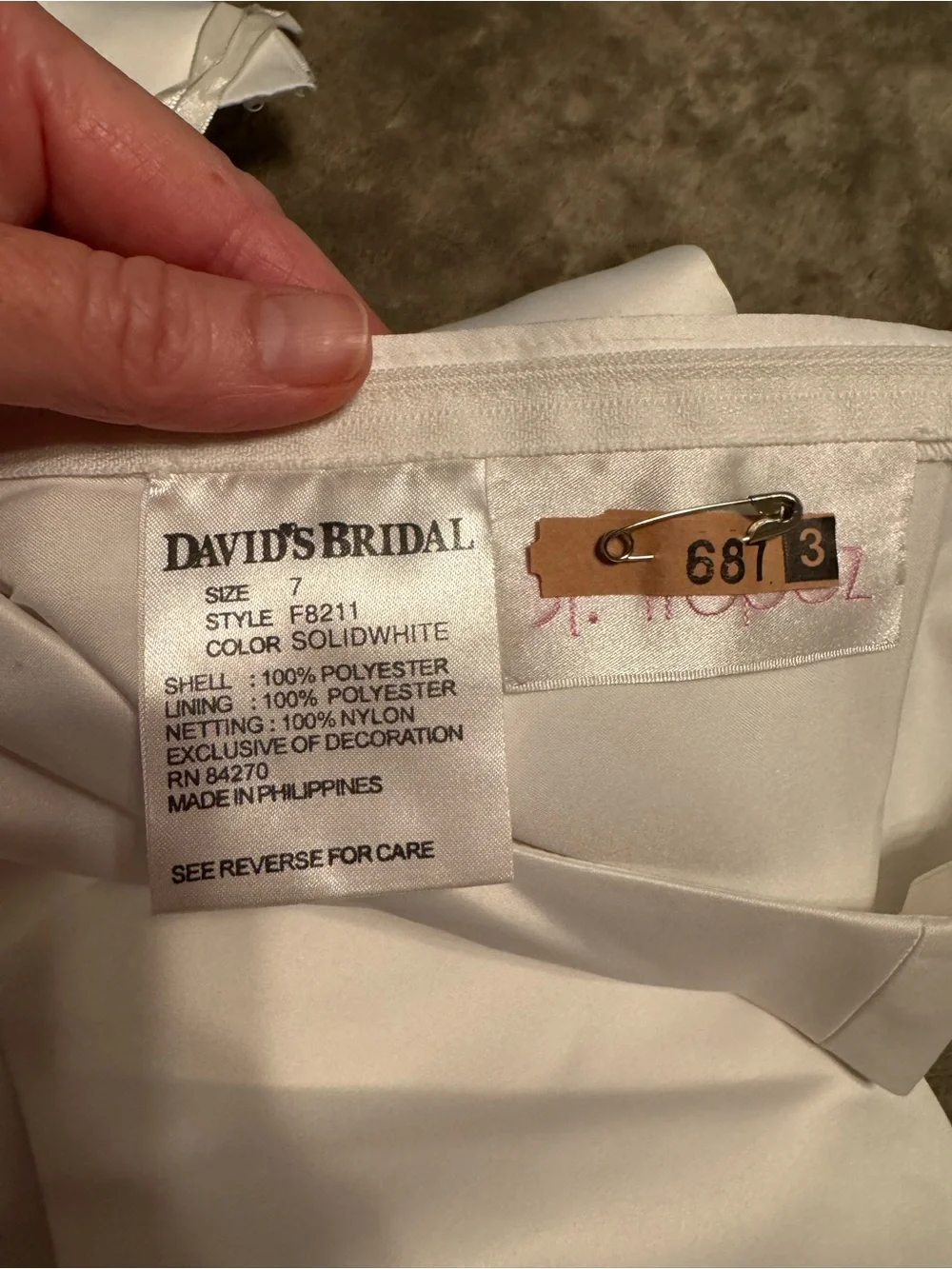 David's Bridal White Satin Flower Girl Dress with Appliqué